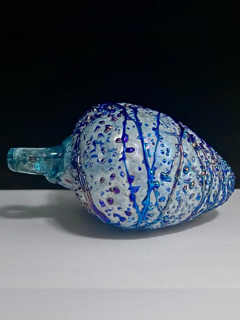 ART GLASS Iridescent Heart / SILVER & PEACOCK-BLUE / Thick, HAND-BLOWN Ornament